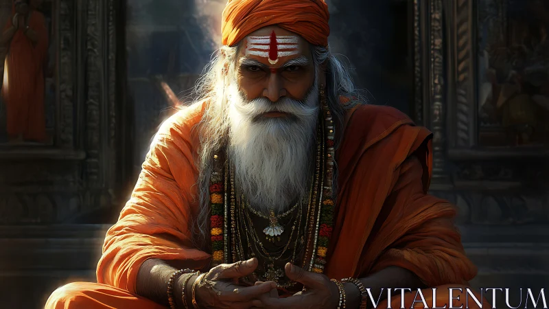 Elderly ascetic in saffron robes under dramatic directional lighting