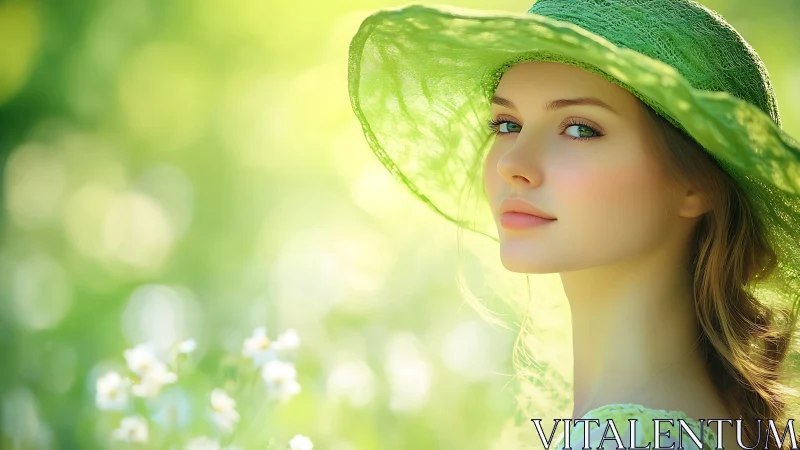 Sunlit garden muse in a luminous green summer hat.