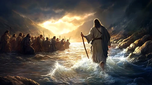 Sunlit crossing with a guiding figure and gathered travelers.