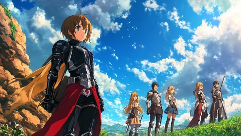 Young skybound heroes gather on a bright windy hillside.