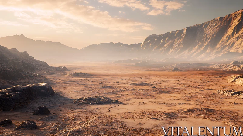 Rocky desert plain under soft light with distant ridges.
