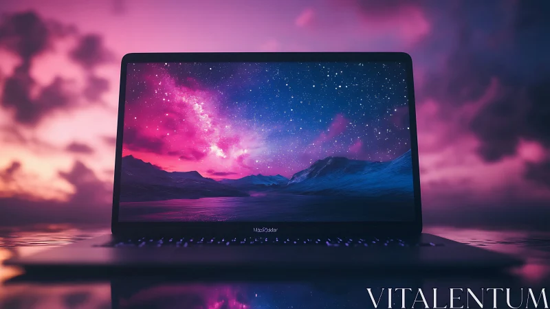Laptop display framing neon galaxy seascape under twilight sky.