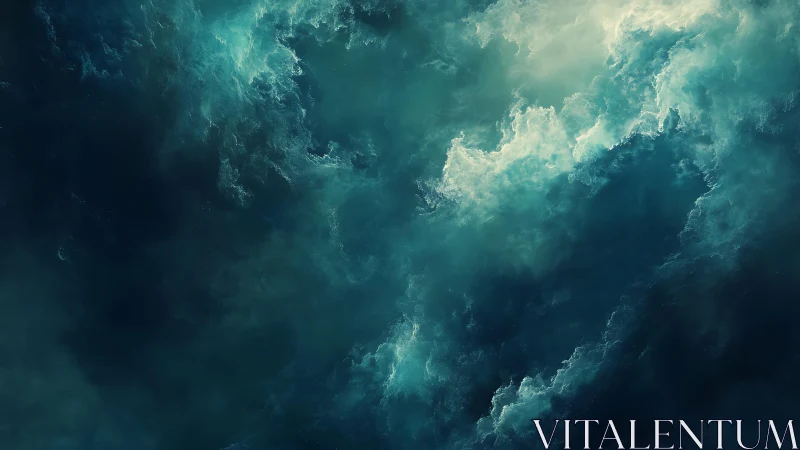 Abstract swirling teal clouds digital painting with dramatic lighting.