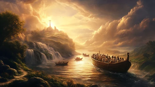 Pilgrim fleet rowing toward a sunrise-chapel horizon.