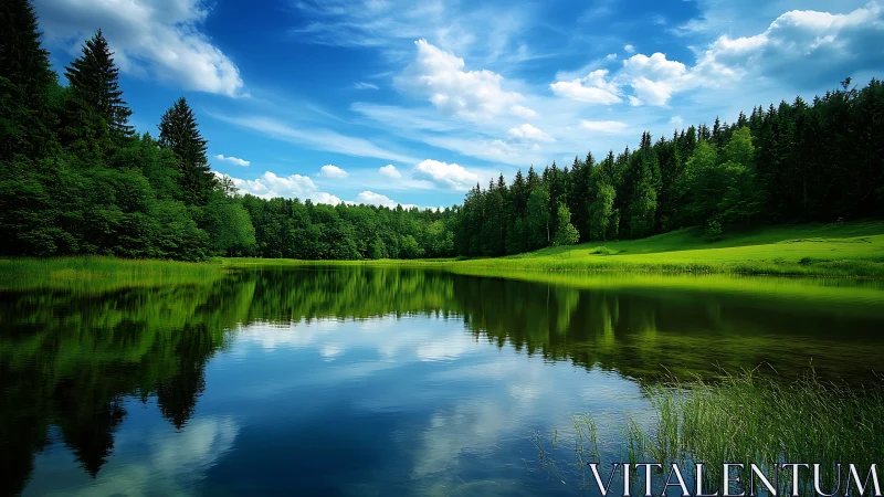 Gentle forest lake mirrors a bright blue sky and soft clouds