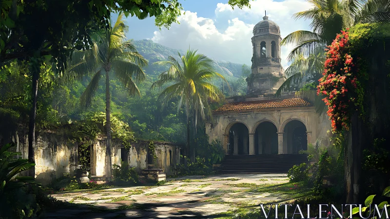 Old tropical courtyard with overgrown colonial tower.