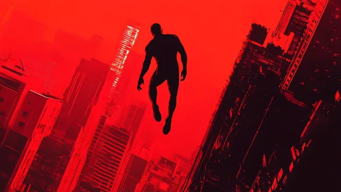 Silhouetted human figure over red cityscape background.