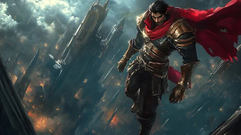 Armored aerial vanguard above burning neo‑gothic citadel.