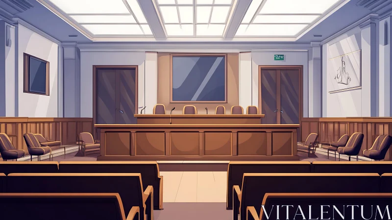 Modern courtroom interior glows under bright skylights.