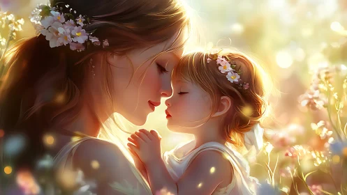 Golden Hour Maternal Bond: Soft-Focus Digital Portrait with Floral Accents.