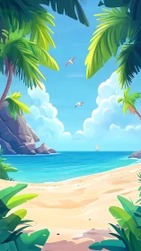 Tropical Beach Landscape with Palm Trees and Sailboat