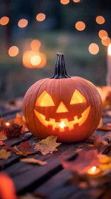 Glowing jack-o&rsquo;-lantern on autumn leaves with soft bokeh lights.