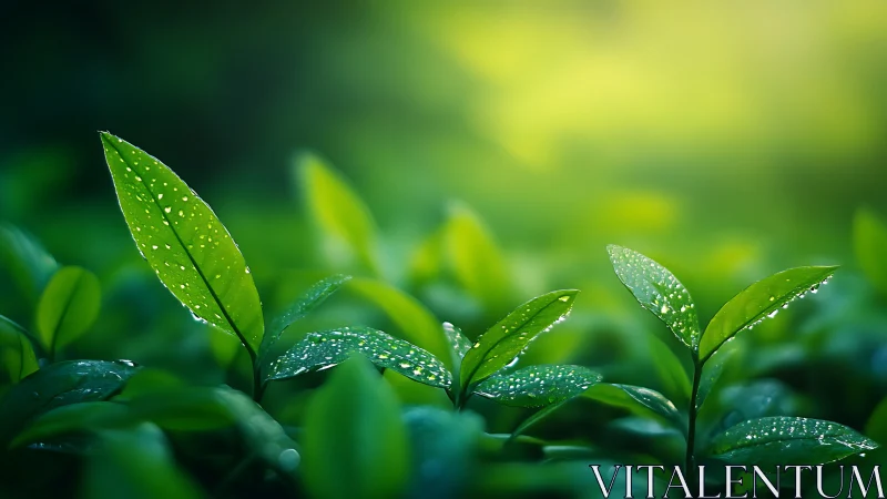 Close view of green leaves with water droplets in light.