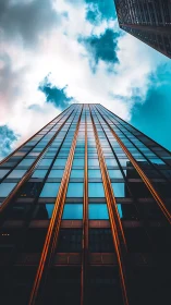 Vertical glass skyscraper with cyan-orange tonal contrast.