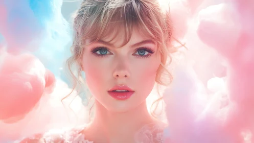 Hyperreal pastel portrait frames a model in ethereal clouds