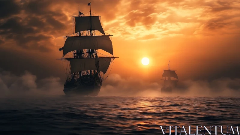 Tall ships cross a misty sea beneath a blazing sunset sky