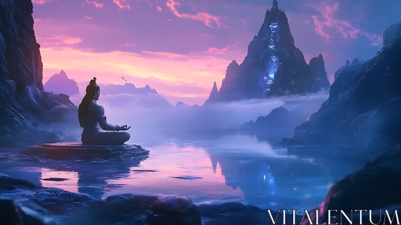 Meditative rock figure before luminescent data-tower peak.