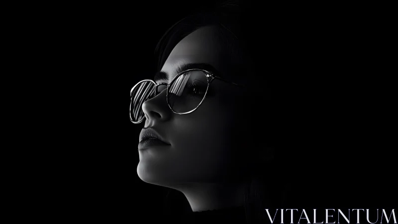 Dramatic black and white portrait of woman in glasses with shadows.