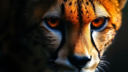 Cheetah Portrait with Luminous Amber Eyes Against Dark Background