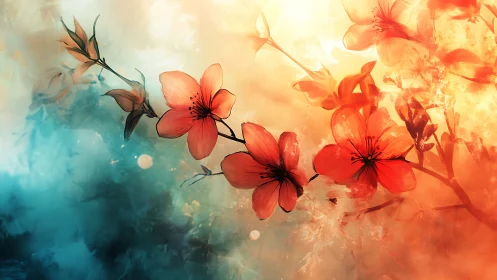 Dreamy Red Flowers Bloom Across a Watercolor Sky