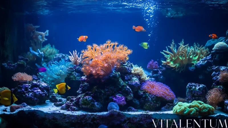 Marine aquarium scene with macro coral colonies and colorful reef fish