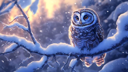Realistic owl perched on snowy branch at dusk, serene winter scene.