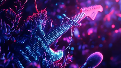 Neon dream guitar cradled in glowing cosmic foliage.