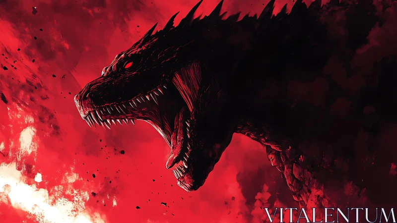 Roaring dragon silhouette tears through a blood red sky