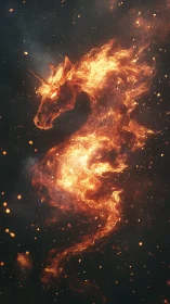 Flaming unicorn silhouette coils through dark cosmic void.