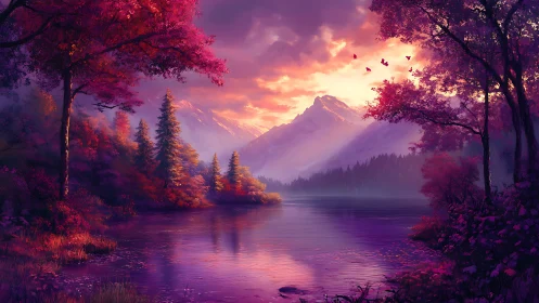 Digital painting of violet alpine lake at luminous sunset.