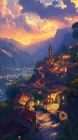 Sunlit mountain village winding toward a dreamy horizon.