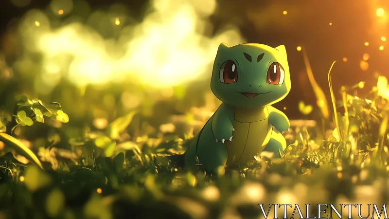 Bulbasaur figure in sunlit grass with soft background bokeh.