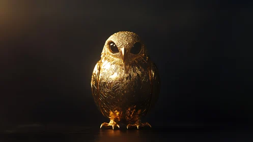 Golden Owl Figurine in Dramatic Lighting, Luxurious Art Style.