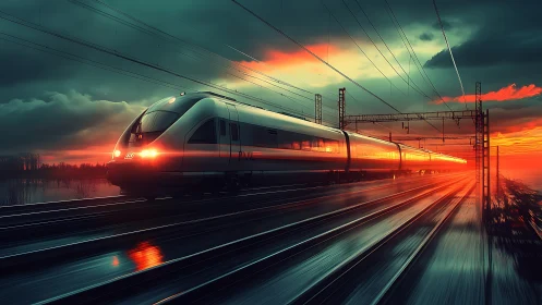 Sunset journey with a sleek high speed train in motion.