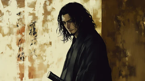 Solitary samurai contemplates quietly against worn walls.
