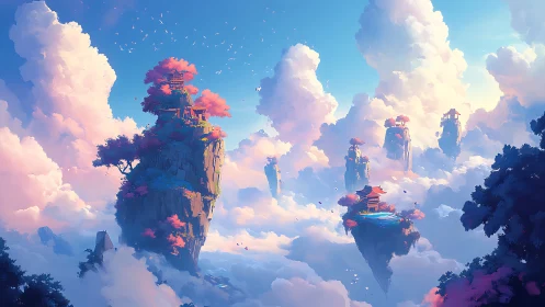 Floating temple islands drift through luminous sunrise clouds
