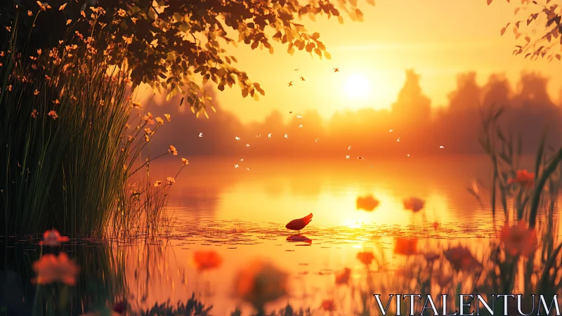 Volumetric golden hour over riparian lake microecosystem.