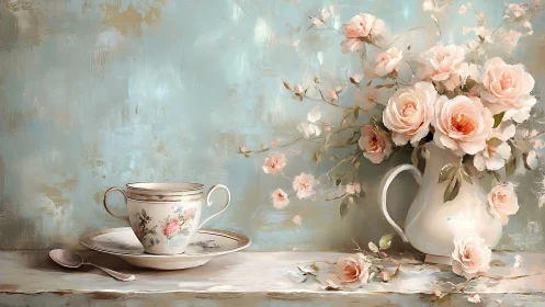 Porcelain teacup quietly converses with blushing garden roses