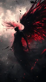 Ember-winged fallen angel rises through storm-torn dusk.