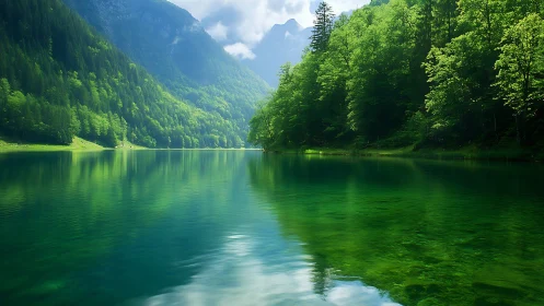 Green mountain lake with dense forest reflections.