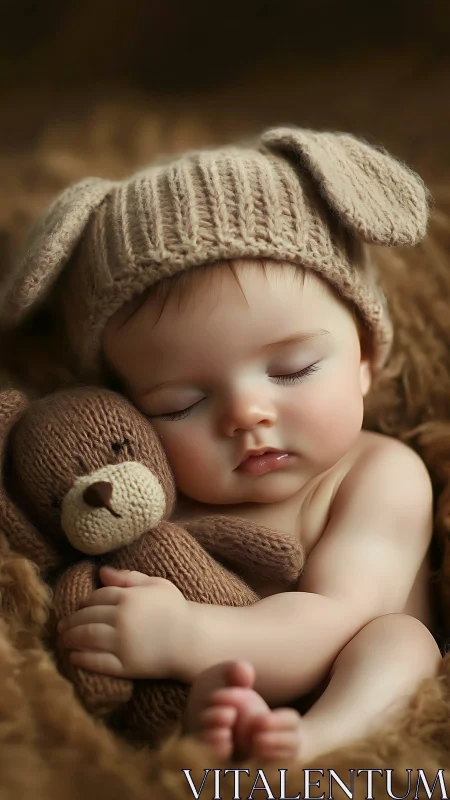 Sleeping baby cuddling knit teddy in soft brown tones.