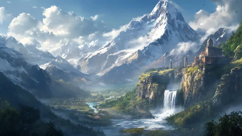 Epic fantasy valley with citadel on waterfall cliffs panorama.