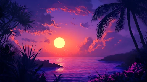 Tropical coastal sunset with silhouetted palms and foliage.