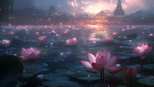 Twilight lotus lake before illuminated oriental temple skyline.