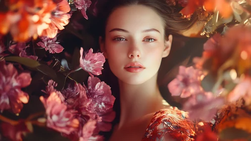 Radiant floral portrait of serene woman in warm light.