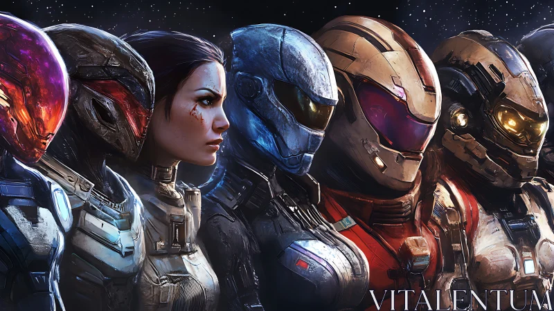 Armored sci fi squad lineup with central human leader.