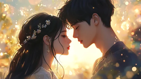 Two figures positioned in profile with ambient light particles and bokeh background.