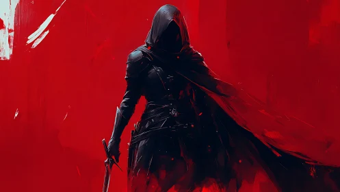 Shadowed assassin cloaked in crimson abstract storm.