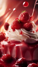 Strawberry cream dessert crowned with rich berry drizzle.
