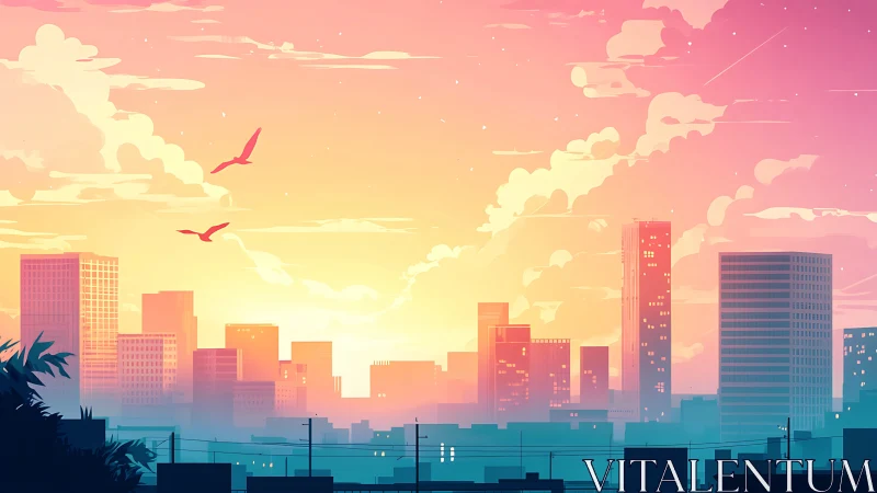 Sunset city skyline in soft pastel gradient light.